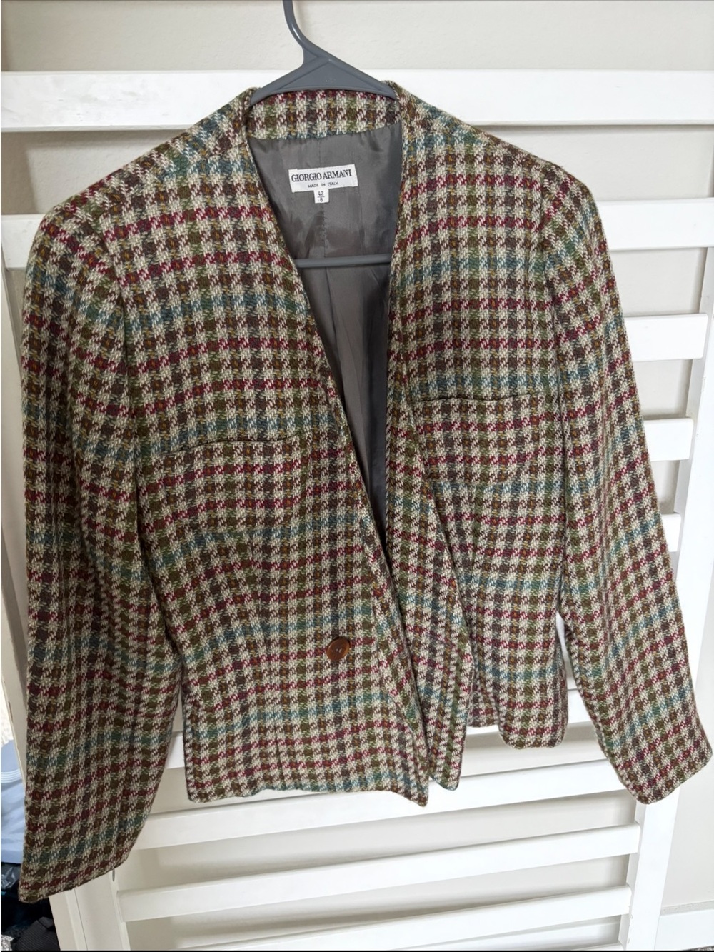 Giorgio Armani Cream, Burgundy & Green Houndstooth Blazer